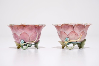 A pair of Chinese famille rose lotus-shaped cups and saucers, Yongzheng