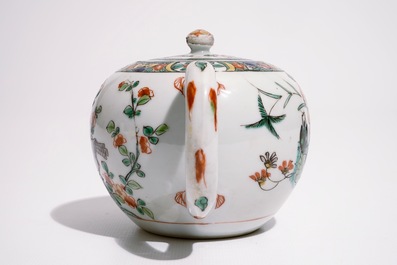 A Chinese bullet-shaped verte-imari teapot with a bird on a branch, Kangxi