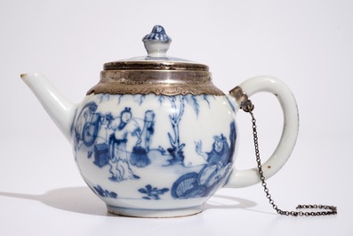 A Chinese silver-mounted blue and white covered teapot, Kangxi
