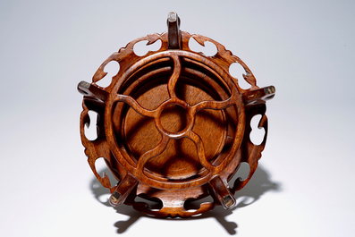 A large Chinese famille rose "dragon" bowl on a wooden stand, 20th C.