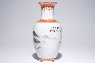 A Chinese polychrome vase with landscape and calligraphy design, 20th C.