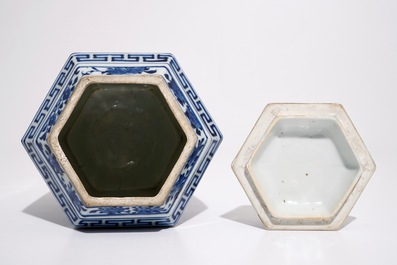A Chinese hexagonal blue and white covered jar with landscape design, 19th C.