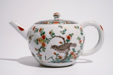 A Chinese bullet-shaped verte-imari teapot with a bird on a branch, Kangxi