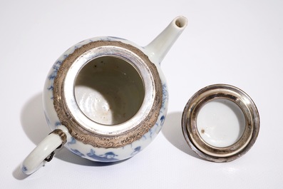 A Chinese silver-mounted blue and white covered teapot, Kangxi