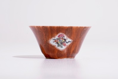 A Chinese famille rose faux-bois cup and saucer, Qianlong