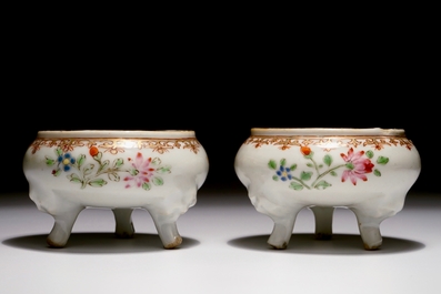 A pair of Chinese famille rose tripod salts, Qianlong