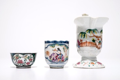 A Chinese famille rose jug, a cup and saucer and another cup with ear, 18th C.