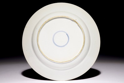 A polychrome Chinese "South Sea bubble" plate with a harlequin, Kangxi/Yongzheng