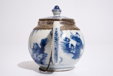 A Chinese silver-mounted blue and white covered teapot, Kangxi