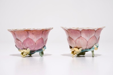 A pair of Chinese famille rose lotus-shaped cups and saucers, Yongzheng
