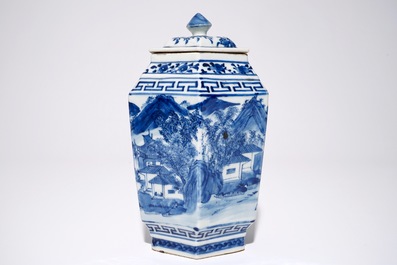 A Chinese hexagonal blue and white covered jar with landscape design, 19th C.