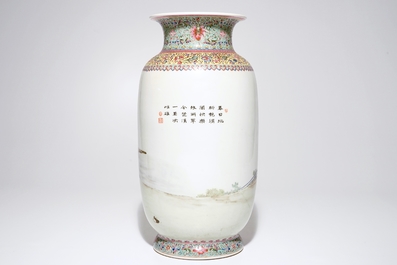 A fine Chinese famille rose vase with ladies in a garden, 20th C.