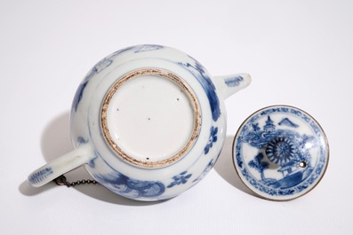 A Chinese silver-mounted blue and white covered teapot, Kangxi