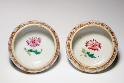 A pair of Chinese famille rose tripod salts, Qianlong
