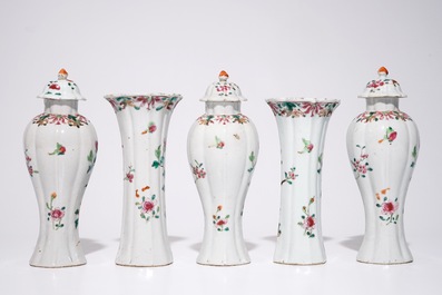 A five-piece Chinese famille rose garniture with floral design, Qianlong