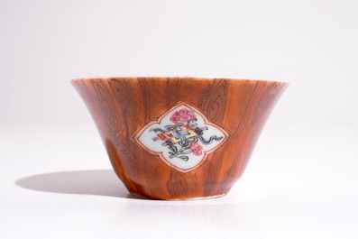 A Chinese famille rose faux-bois cup and saucer, Qianlong