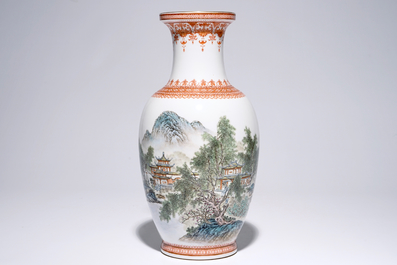 A Chinese polychrome vase with landscape and calligraphy design, 20th C.