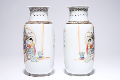 A pair of Chinese famille rose eggshell porcelain vases, Republic, 20th C.