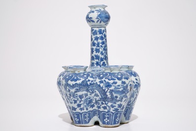 A Chinese blue and white tulipiere and a fan-shaped plaque, 19th C.