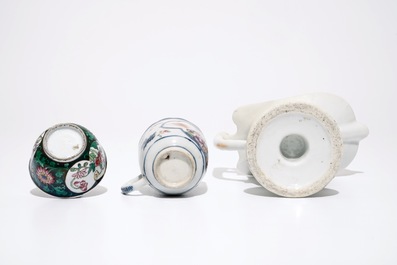 A Chinese famille rose jug, a cup and saucer and another cup with ear, 18th C.