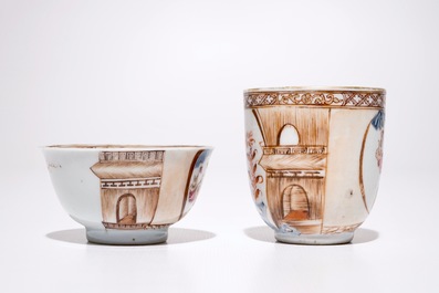 Deux tasses et soucoupe en porcelaine de Chine famille rose, Yongzheng