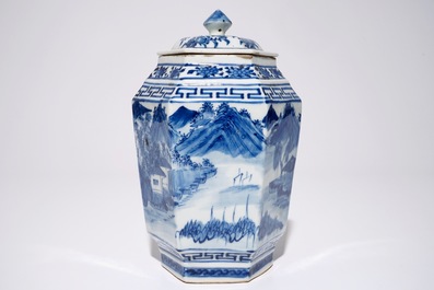 A Chinese hexagonal blue and white covered jar with landscape design, 19th C.