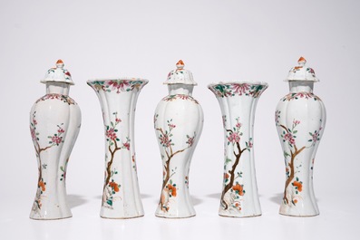 A five-piece Chinese famille rose garniture with floral design, Qianlong
