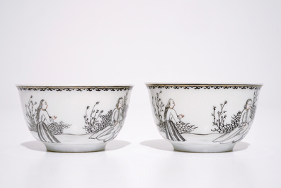 A Chinese grisaille plate with Luohan and a tiger and two cups and saucers, Qianlong