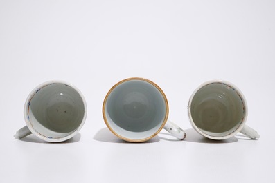 Three Chinese famille rose cups and saucers, Qianlong
