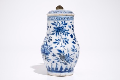 A twisted Chinese blue and white metal-mounted covered jug, Kangxi