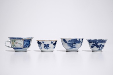 Four Chinese famille rose and blue and white cups and saucers, 18/19th C.