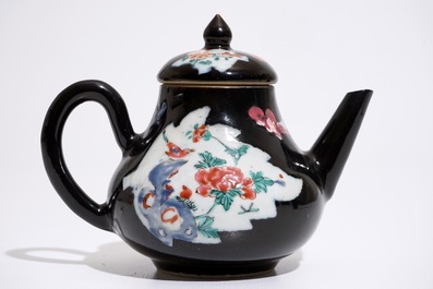 A Chinese black ground famille rose teapot and cover with geese, Yongzheng/Qianlong