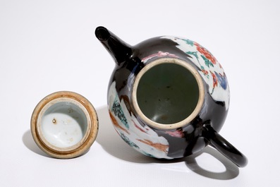 A Chinese black ground famille rose teapot and cover with geese, Yongzheng/Qianlong