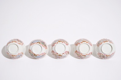 Five Chinese famille rose cups decorated in Meissen-style, Qianlong