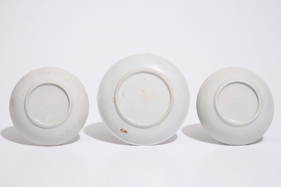 Three Chinese famille rose cups and saucers, Qianlong