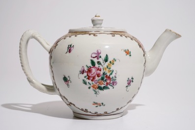 A Chinese famille rose export teapot with twisted handle, Qianlong