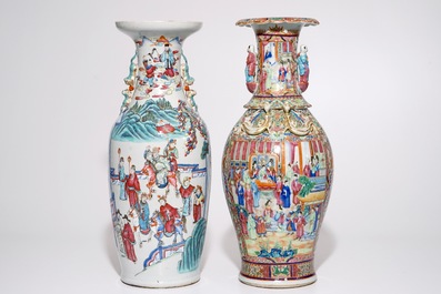 Two tall Chinese famille rose vases, incl. a rare Canton example, 19th C.