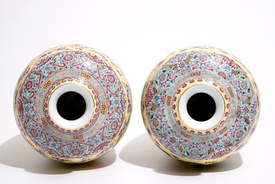 A pair of tall Chinese yellow ground meiping dragon vases, Qianlong mark, 20th C.