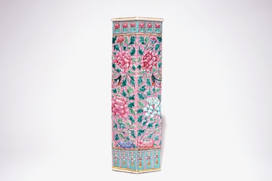 A tall relief-decorated Straits Chinese or Peranakan famille rose umbrella stand with phoenixes, 19th C.