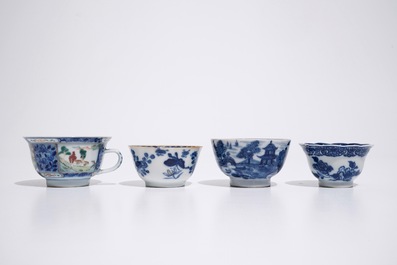Four Chinese famille rose and blue and white cups and saucers, 18/19th C.