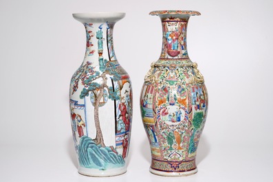 Two tall Chinese famille rose vases, incl. a rare Canton example, 19th C.