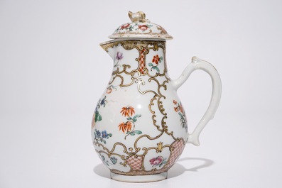 A pair of Chinese export cups and saucers and a milk jug and cover, Qianlong