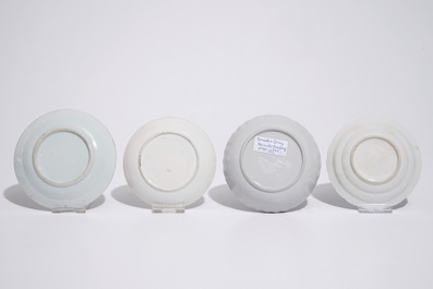 Four Chinese famille rose and blue and white cups and saucers, 18/19th C.