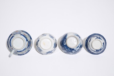 Four Chinese famille rose and blue and white cups and saucers, 18/19th C.