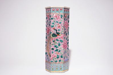 A tall relief-decorated Straits Chinese or Peranakan famille rose umbrella stand with phoenixes, 19th C.