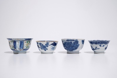Four Chinese famille rose and blue and white cups and saucers, 18/19th C.