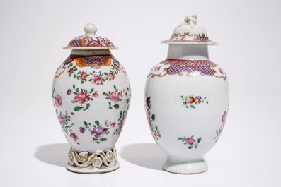 Two Chinese export famille rose tea caddies and covers, Qianlong
