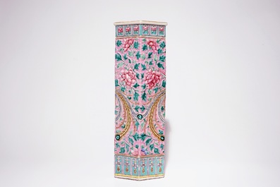 A tall relief-decorated Straits Chinese or Peranakan famille rose umbrella stand with phoenixes, 19th C.