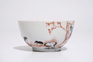 A Chinese famille rose mandarin cup and saucer, Qianlong