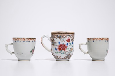 Three Chinese famille rose cups and saucers, Qianlong